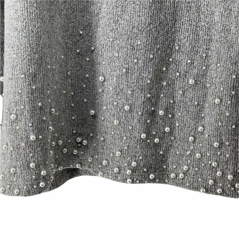 Cowl Neck Sweater Womens Size XL Gray Embellished Pearl Nina Leonard Brand Cute